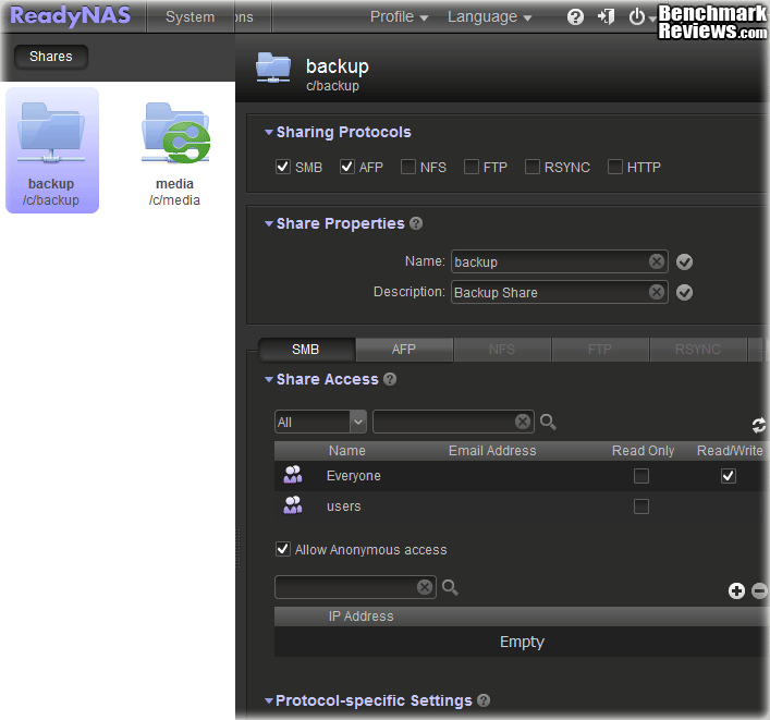 NETGEAR ReadyNAS NV v2 Shares, screen